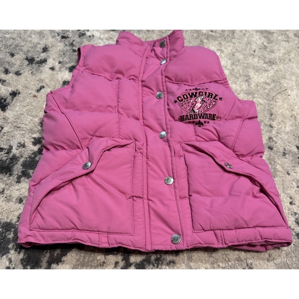 Cowgirl Hardware Youth girls Pink Puffer Vest Bling Horse Full Zip Sz Small 6